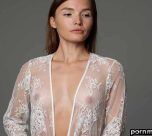 Woman in a sheer lace robe posing in a studio, with the robe partially open at the front.